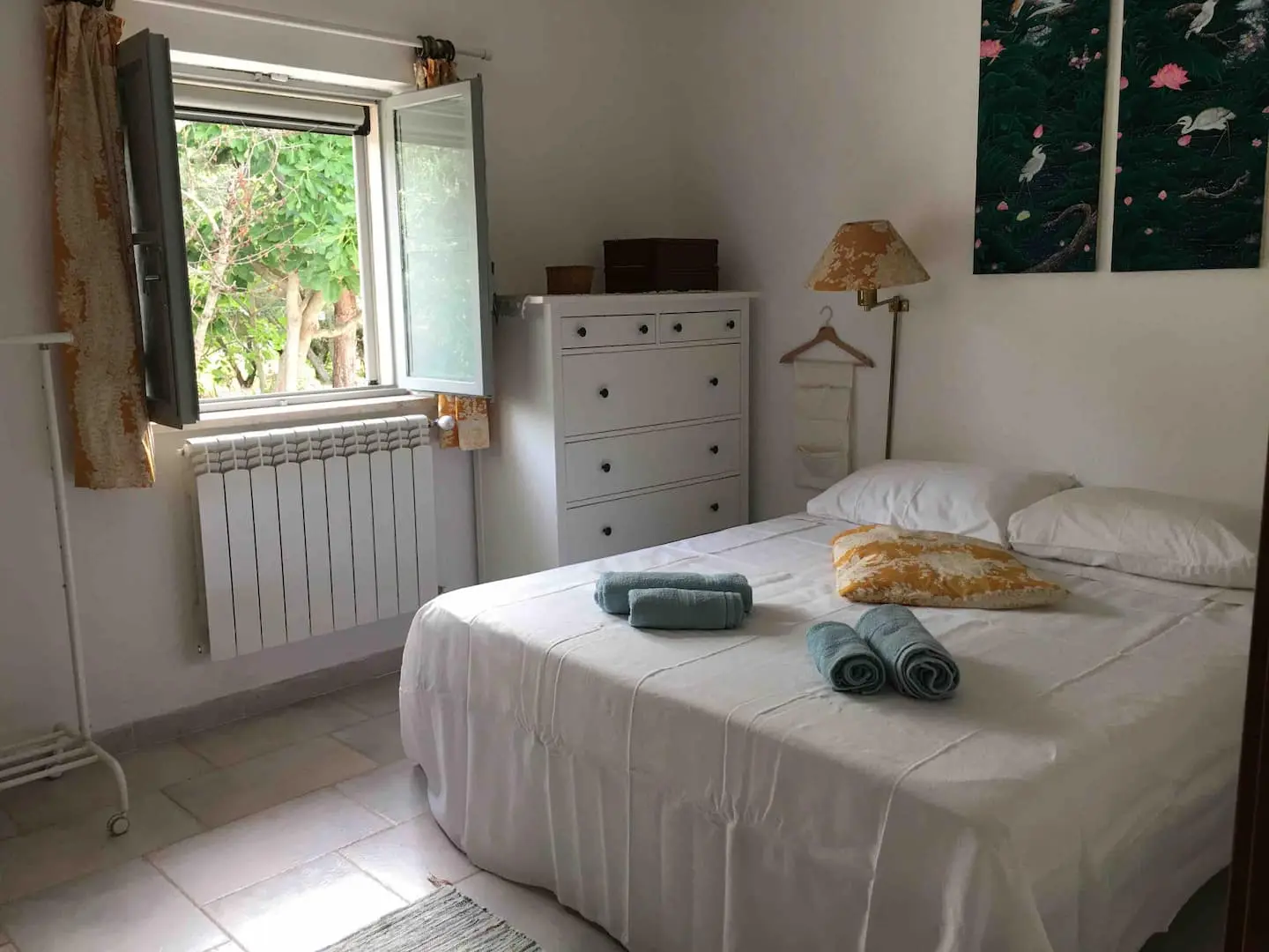 Chambre lumineuse avec tableaux d'oiseaux